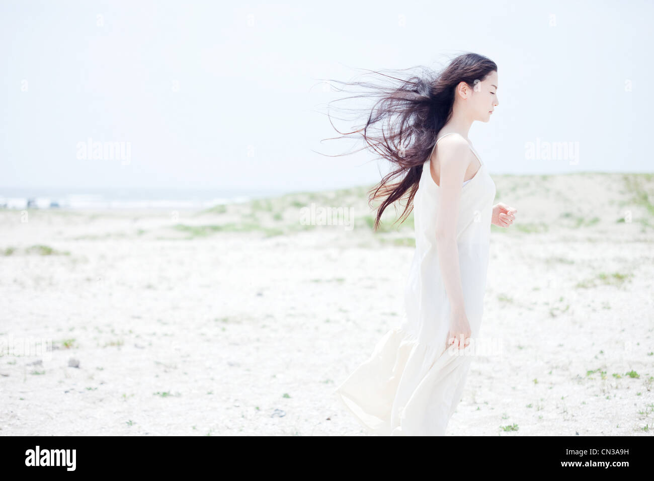 Young woman with long windswept black hair on beach Stock Photo