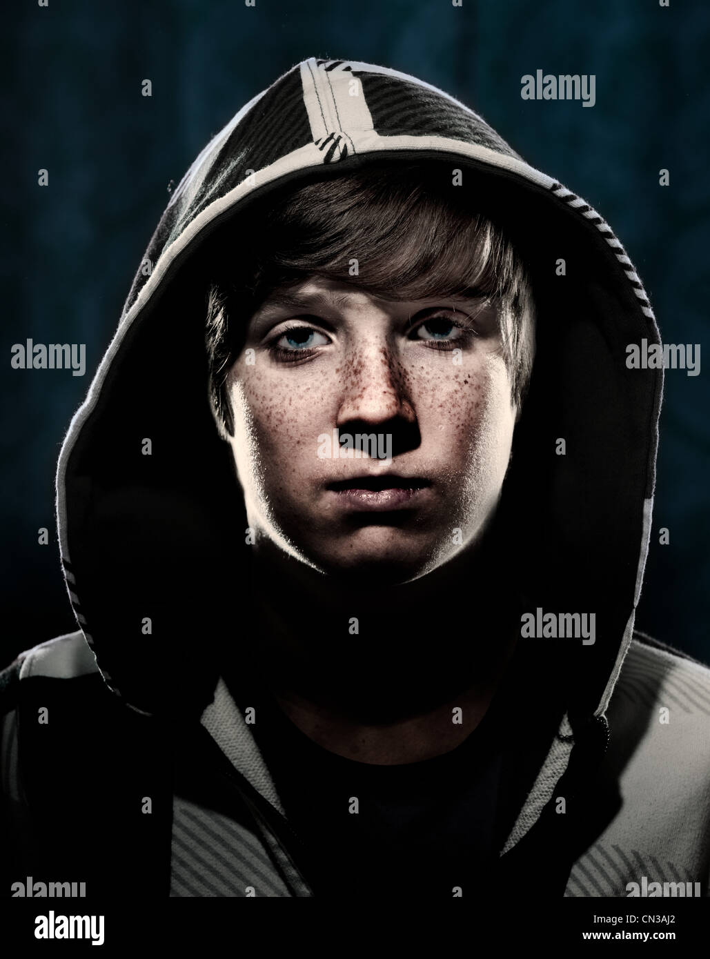 Boy wearing hooded top, portrait Stock Photo