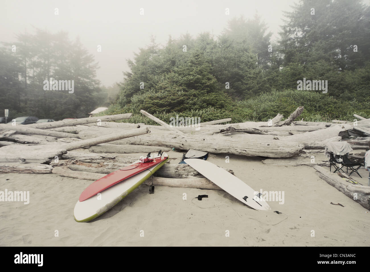 Surfboards on misty beach, Tofino, Vancouver Island, Canada Stock Photo