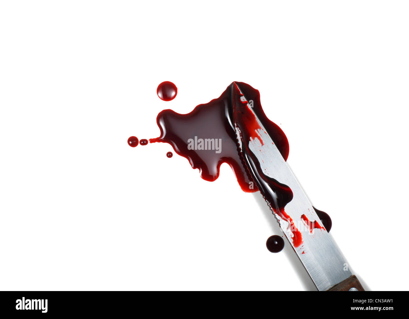 Blood spattered kinfe against white background Stock Photo