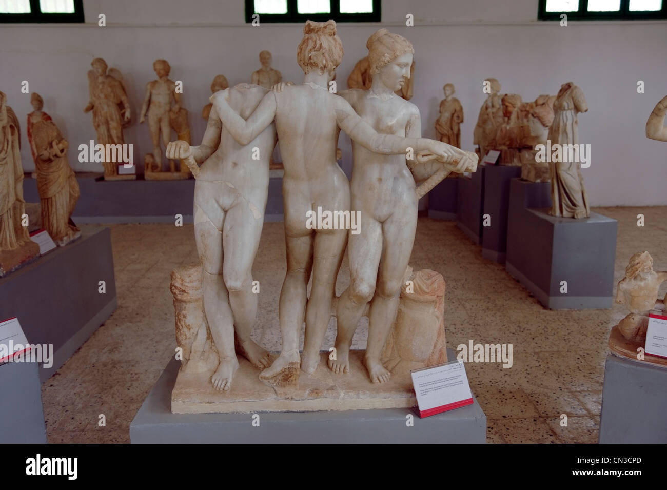 View at the museum of the Three Graces sculpture, the three daughters of Zeus known, Euphrosyne, Aglaea and Thalia Stock Photo