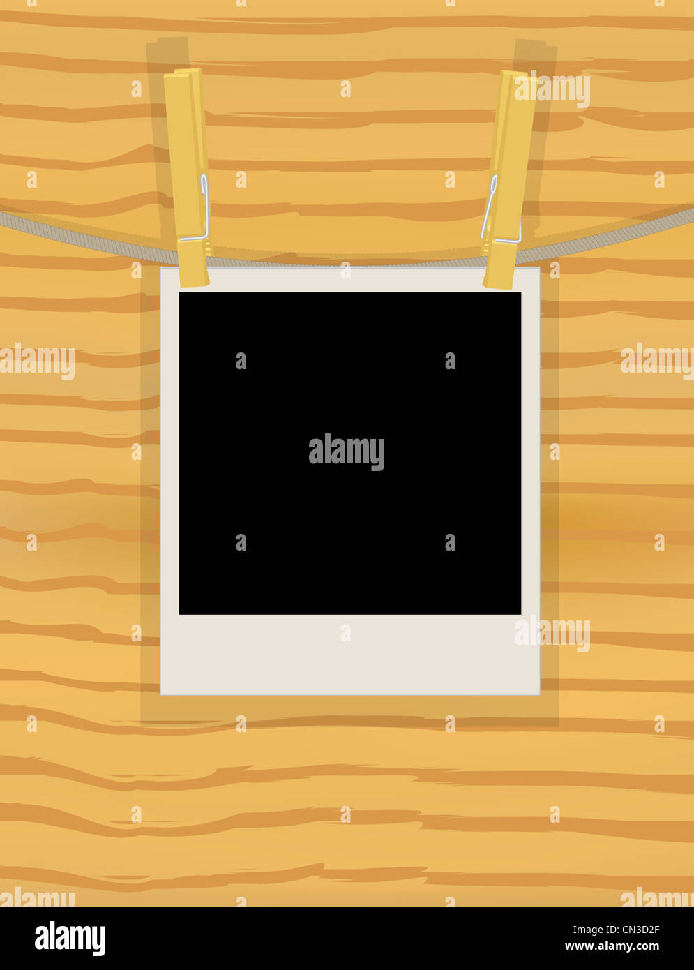 photo hanging on a rope over wooden wall illustration Stock Photo - Alamy