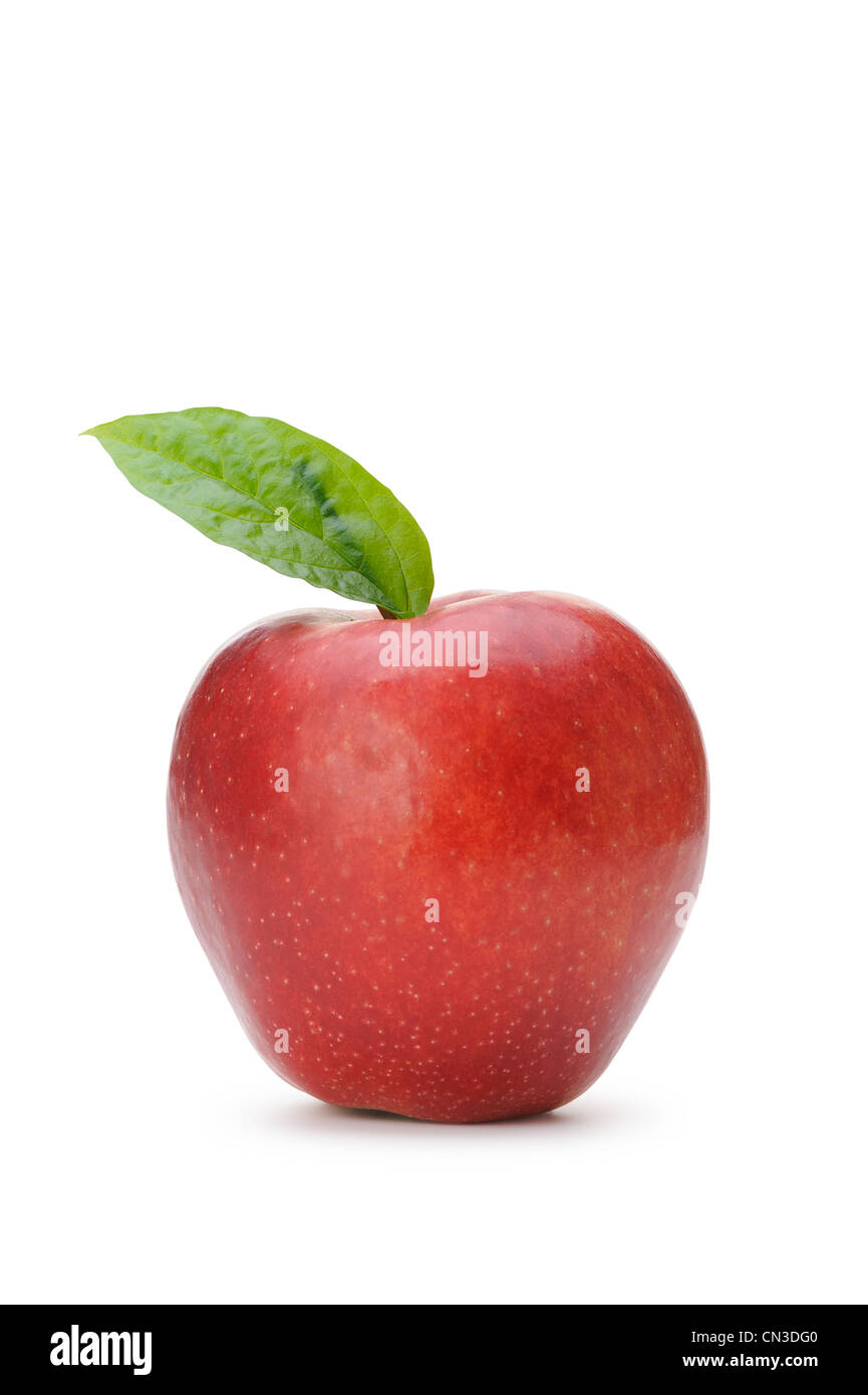 Red apple with a green leaf. Isolated on white background Stock Photo ...