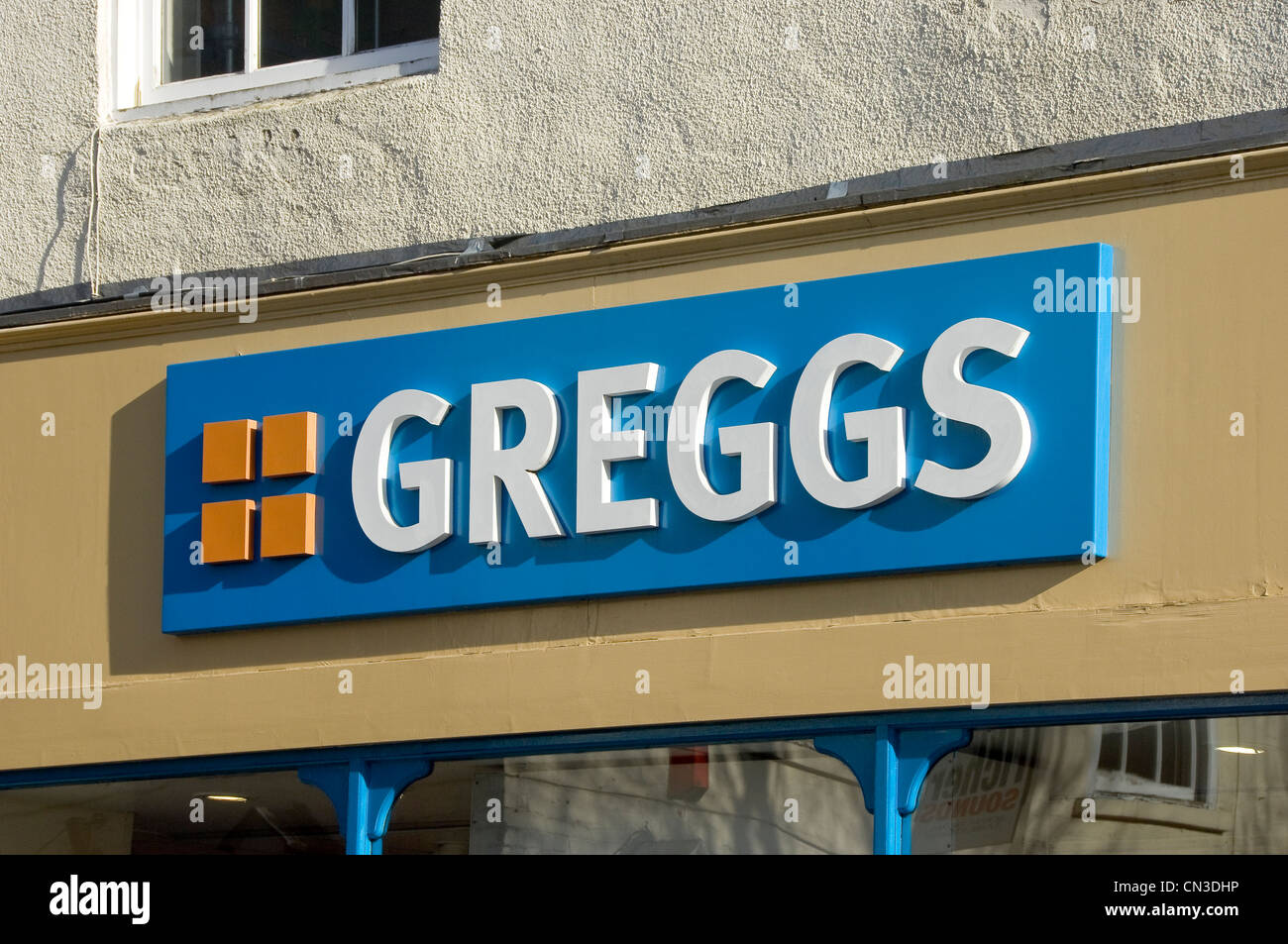 Close up of Greggs bakery shop store signage sign England UK United Kingdom GB Great Britain Stock Photo