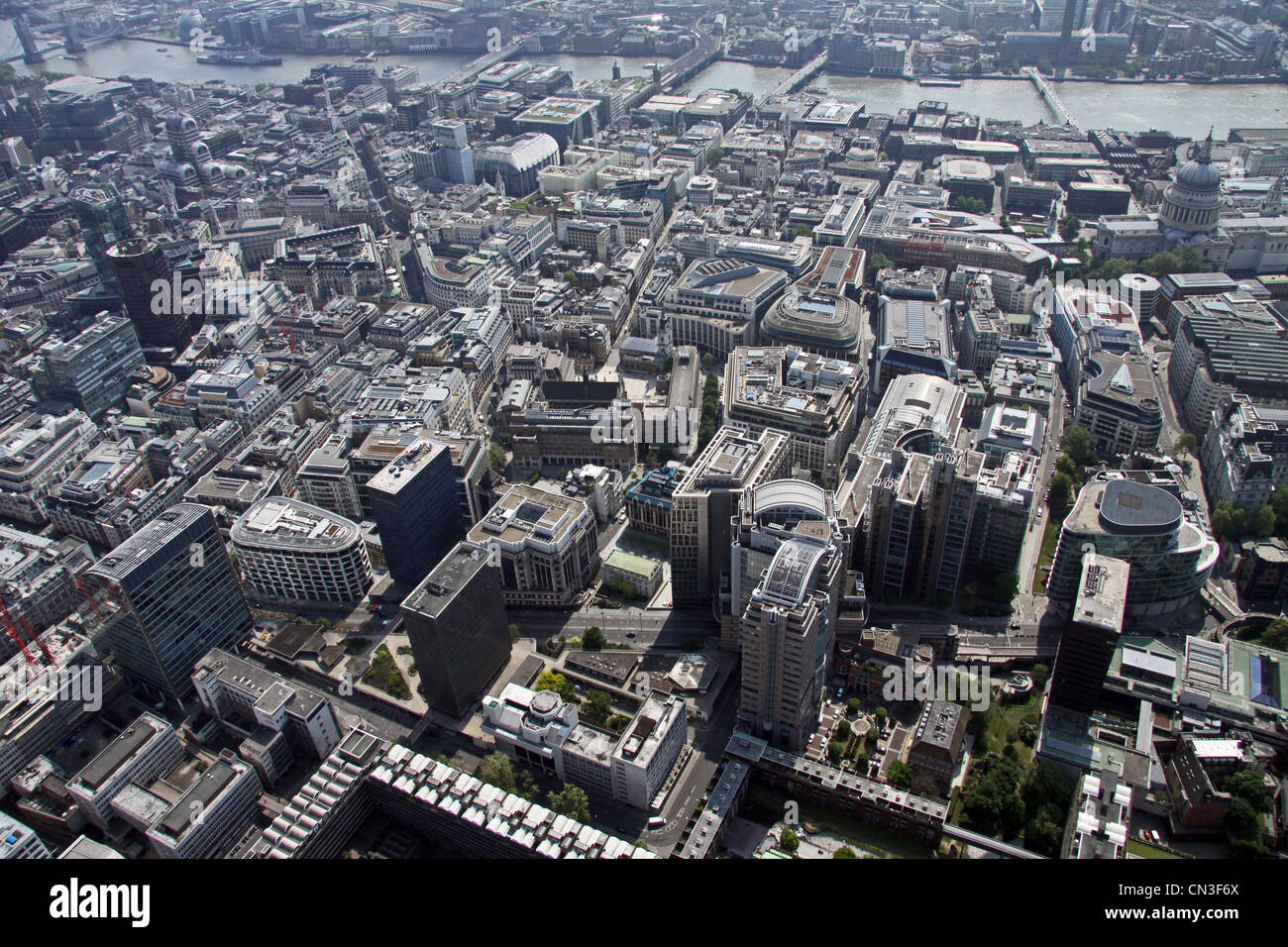 Aerial view with the A1211 London Wall road across the bottom of the picture, looking south towards the Thames, London Stock Photo