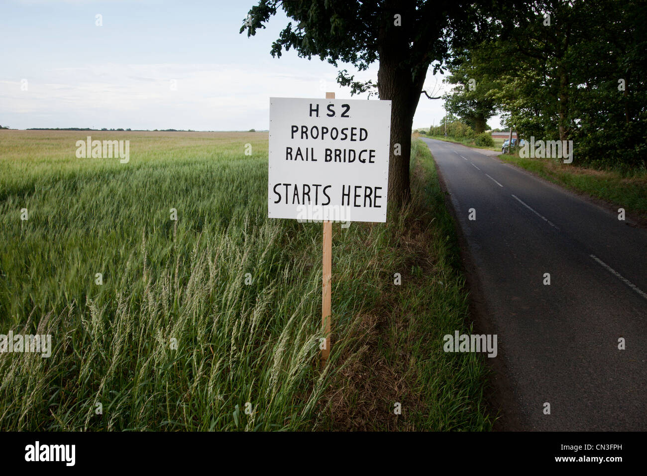 A sign in the village of Middleton in Staffordshire, UK, showing where a bridge for the proposed HS2 rail link will be Stock Photo