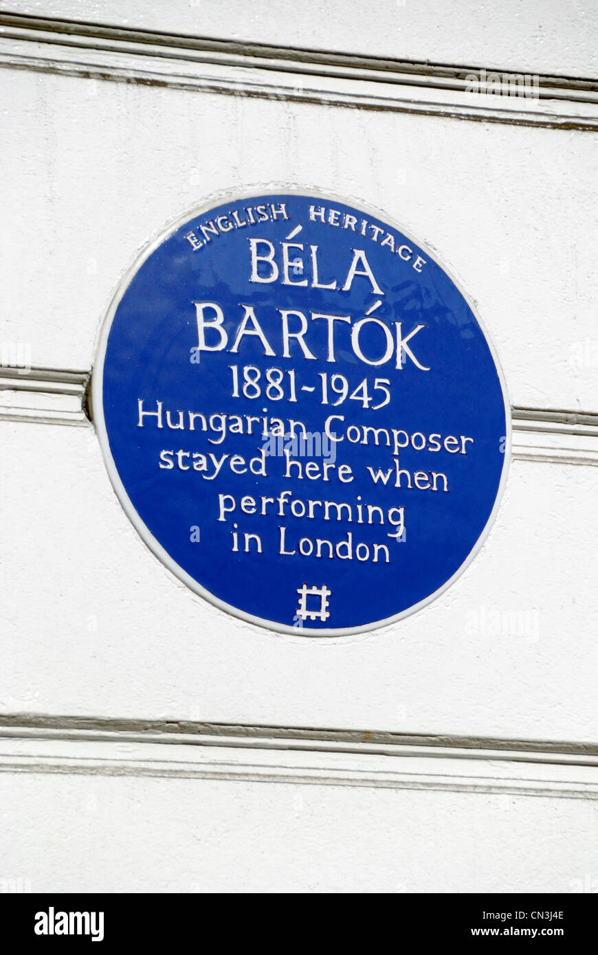 English Heritage blue plaque marking the house where Bela Bartok stayed when performing in London. Stock Photo