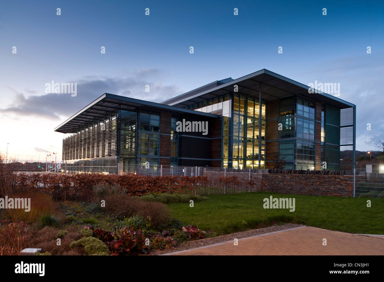Wales Government regional offices at night, Aberystwyth Wales UK Stock