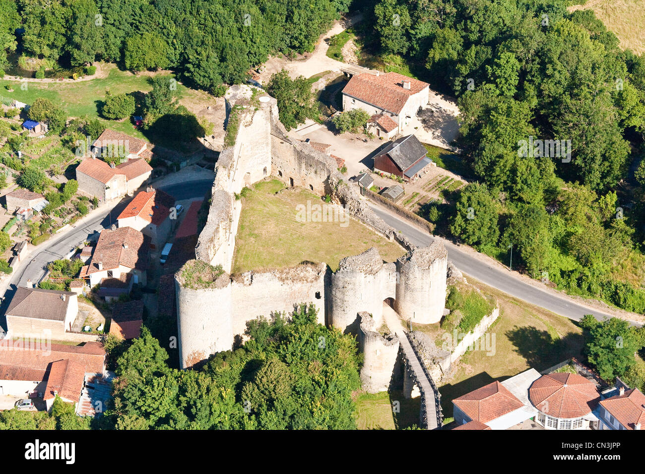 France, Vienne, Gencay, Gencay castle is a fine example of medieval architecture (aerial view) Stock Photo