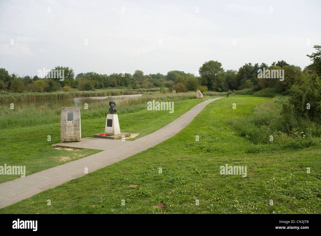 Statue of Major John Howard at Pegasus Bridge and blocks marking the