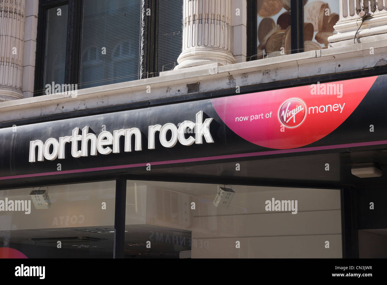 Northern Rock building society and Virgin Money bank branch sign. Yorkshire, England, UK, Britain. Stock Photo