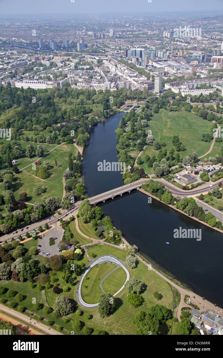 Aerial view of The Serpentine Lake in Hyde Park, and the Diana, Princess of Wales Memorial Fountain, London W2 Stock Photo