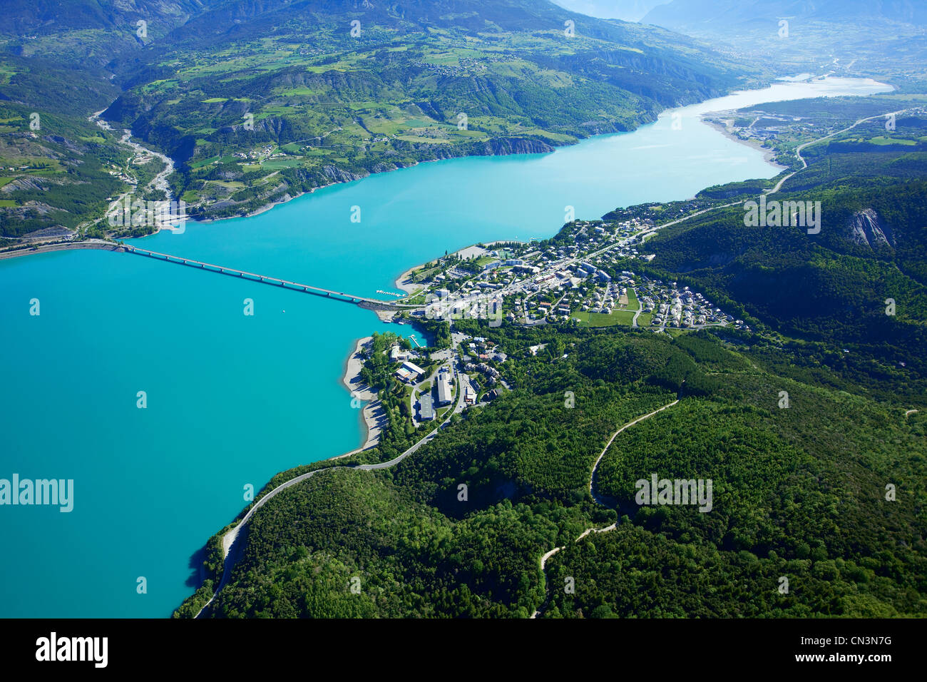 France, Hautes Alpes, Savines le Lac, lake of Serre Poncon (aerial view) Stock Photo