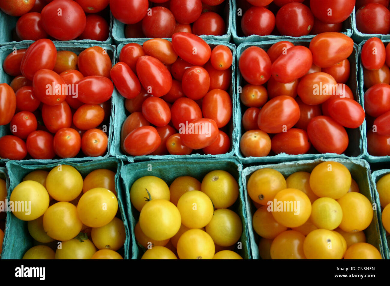 A bunch of small containers of cherry tomatoes Stock Photo