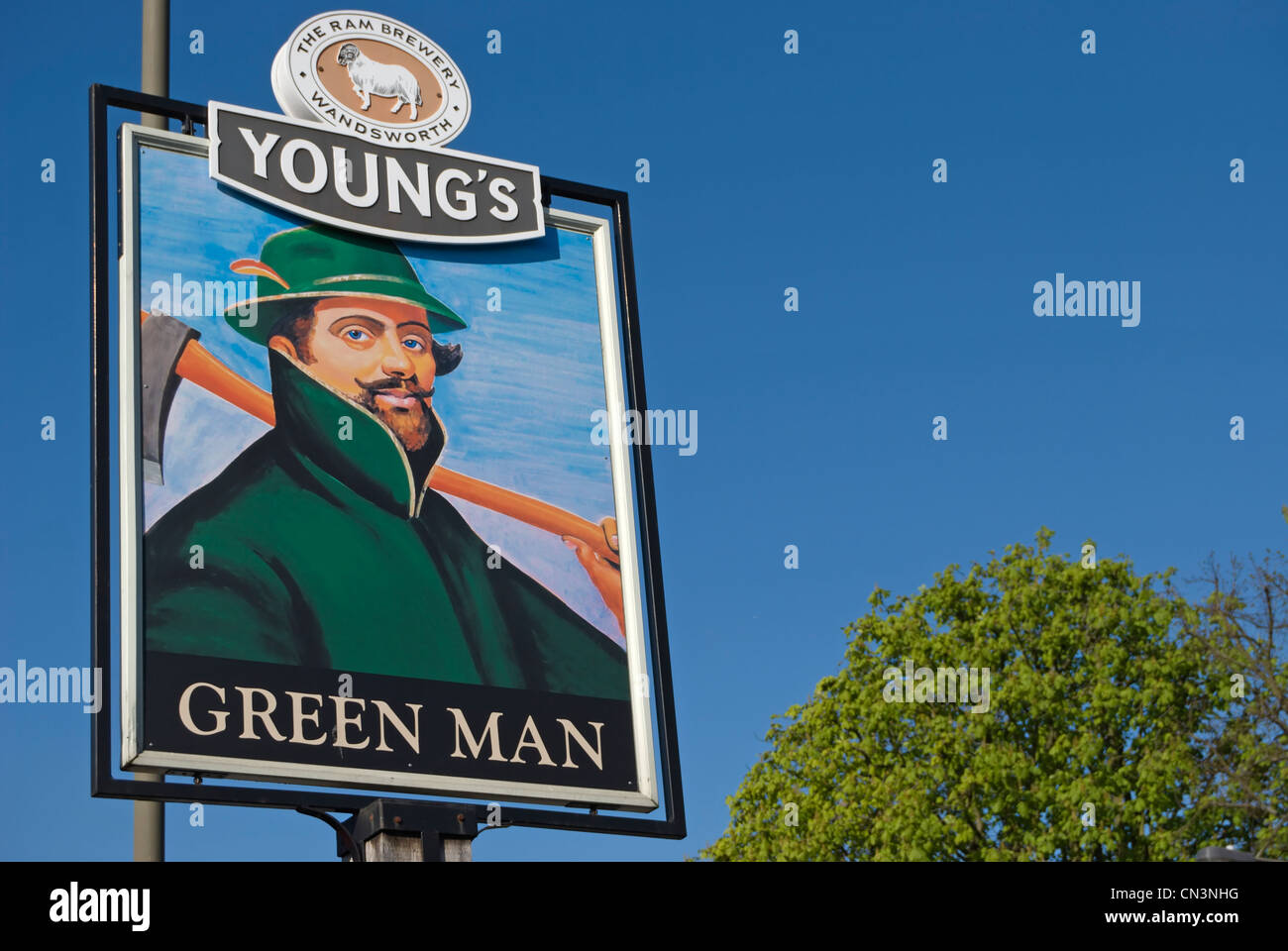 green man pub sign, with young's ram brewery logo, in putney, southwest london, england Stock Photo
