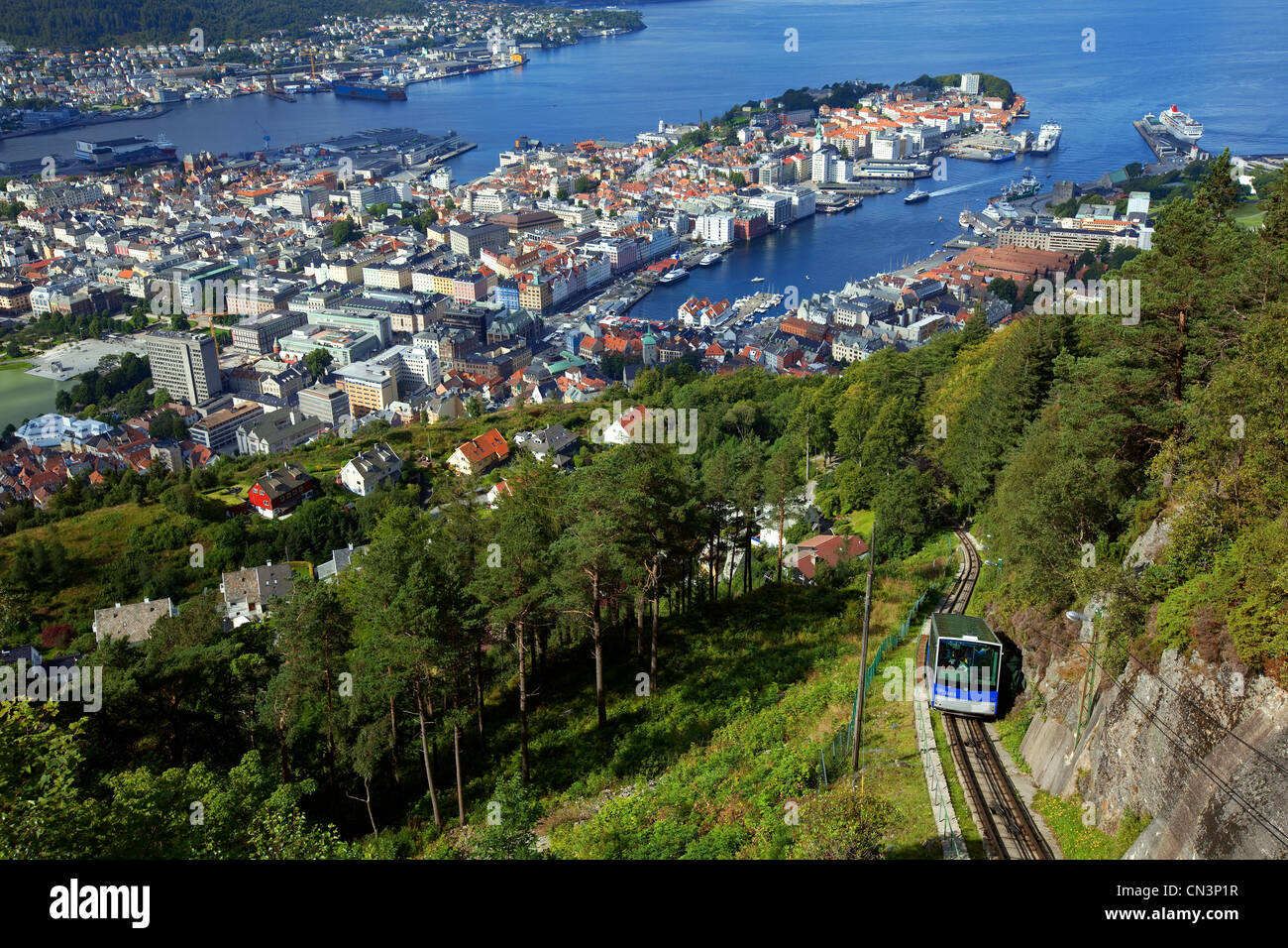 Norway, Hordaland County, Bergen, view from Mount Floyen, rise by a cable car Stock Photo