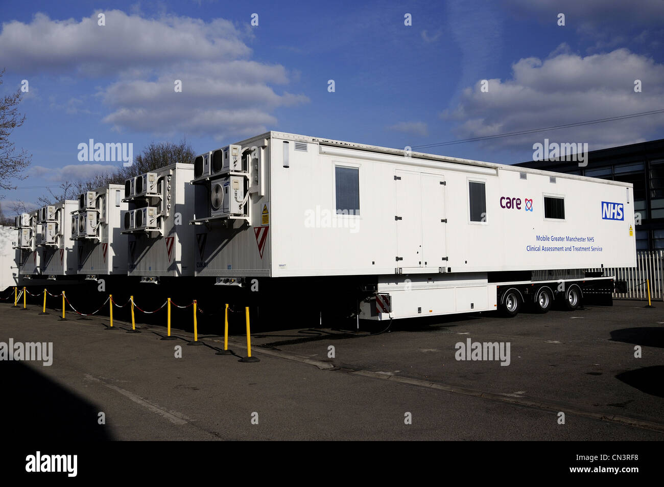Mobile trailer units of Care UK at Stretford location in Greater