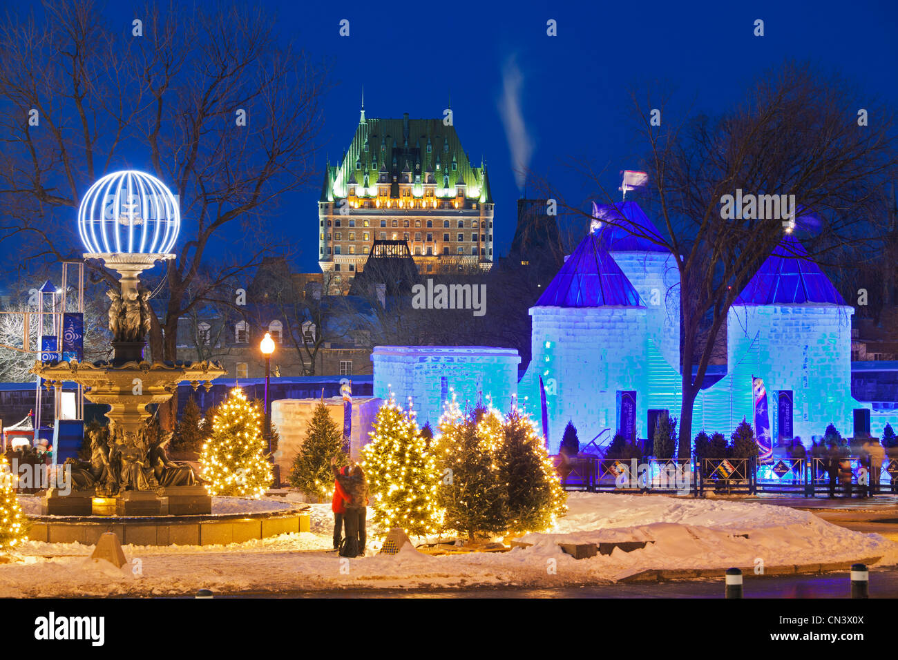 Canada, Quebec province, Quebec, Quebec Winter Carnival, Ice Palace of Bonhomme Carnaval, in the background the illuminated Stock Photo