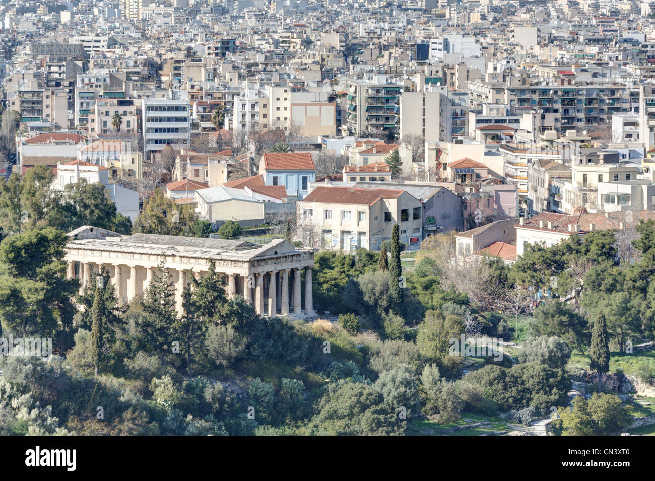 Athens as seen from Areopagus or Mars Hill with temple of Hephaistos in foreground. Stock Photo