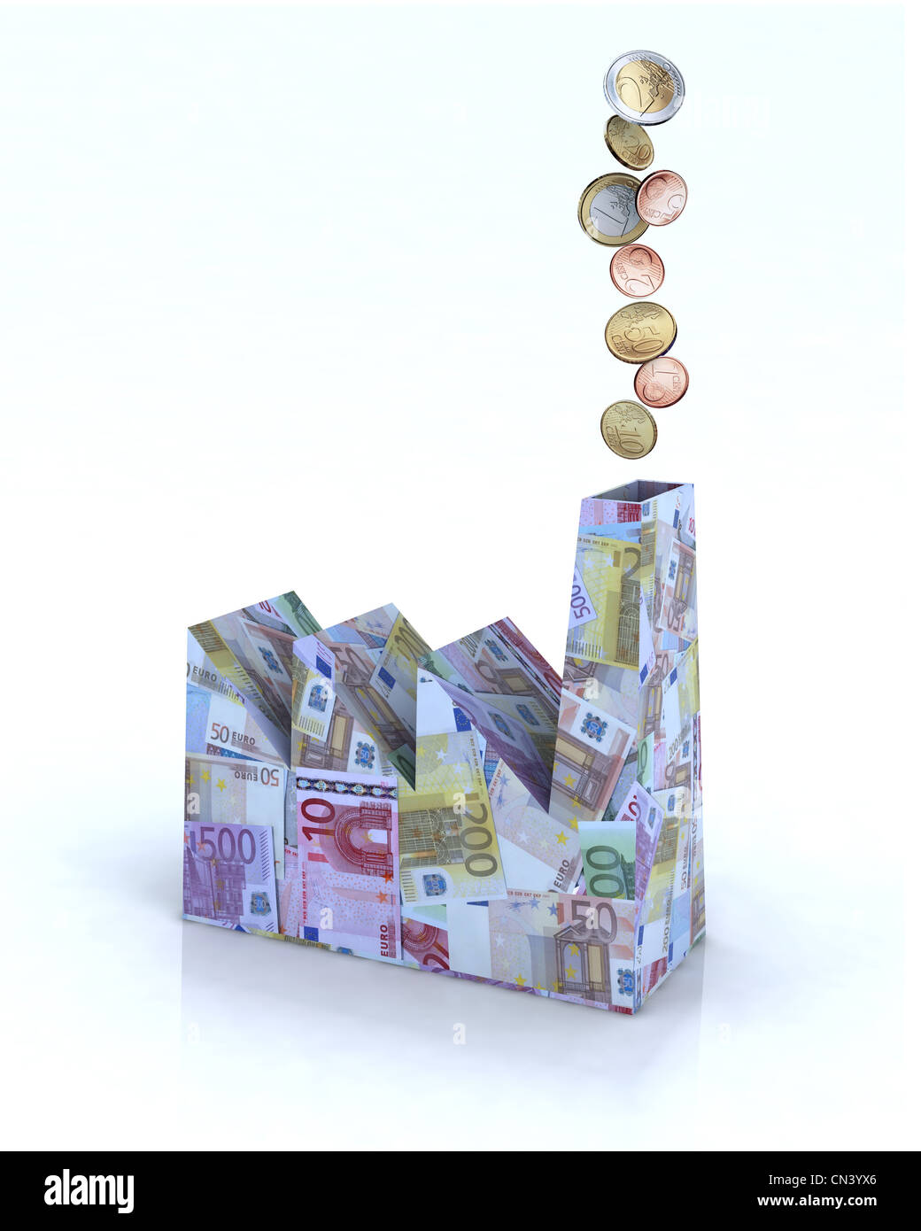 Building factory made of euro banknotes with euro coins come out of the
