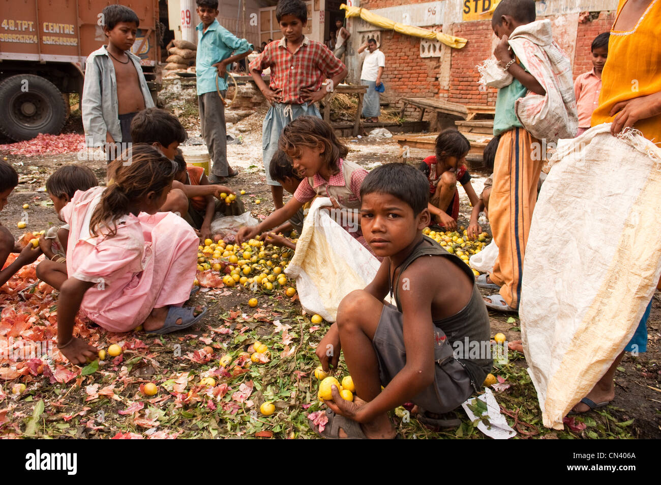 Children work in a market in india Stock Photo