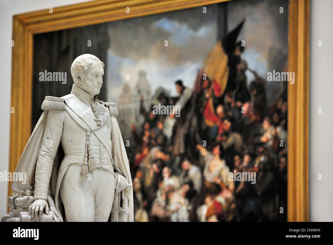 Statue of King Leopold I and painting The Episode of the Belgian Revolution of 1830 in Museum of Ancient Art, Brussels, Belgium Stock Photo