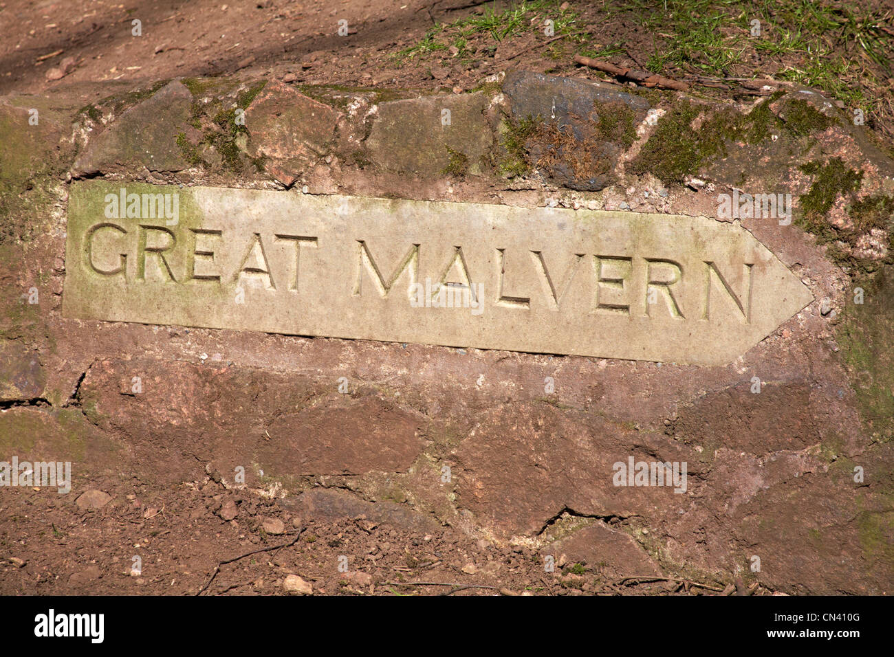 direction sign marker sign for Great Malvern, Worcestershire UK in April Stock Photo