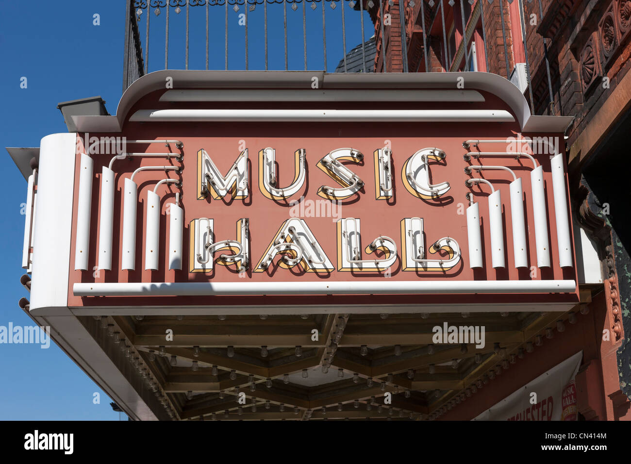 The marquee of Tarrytown Music Hall on Main Street in Tarrytown, New York. Stock Photo