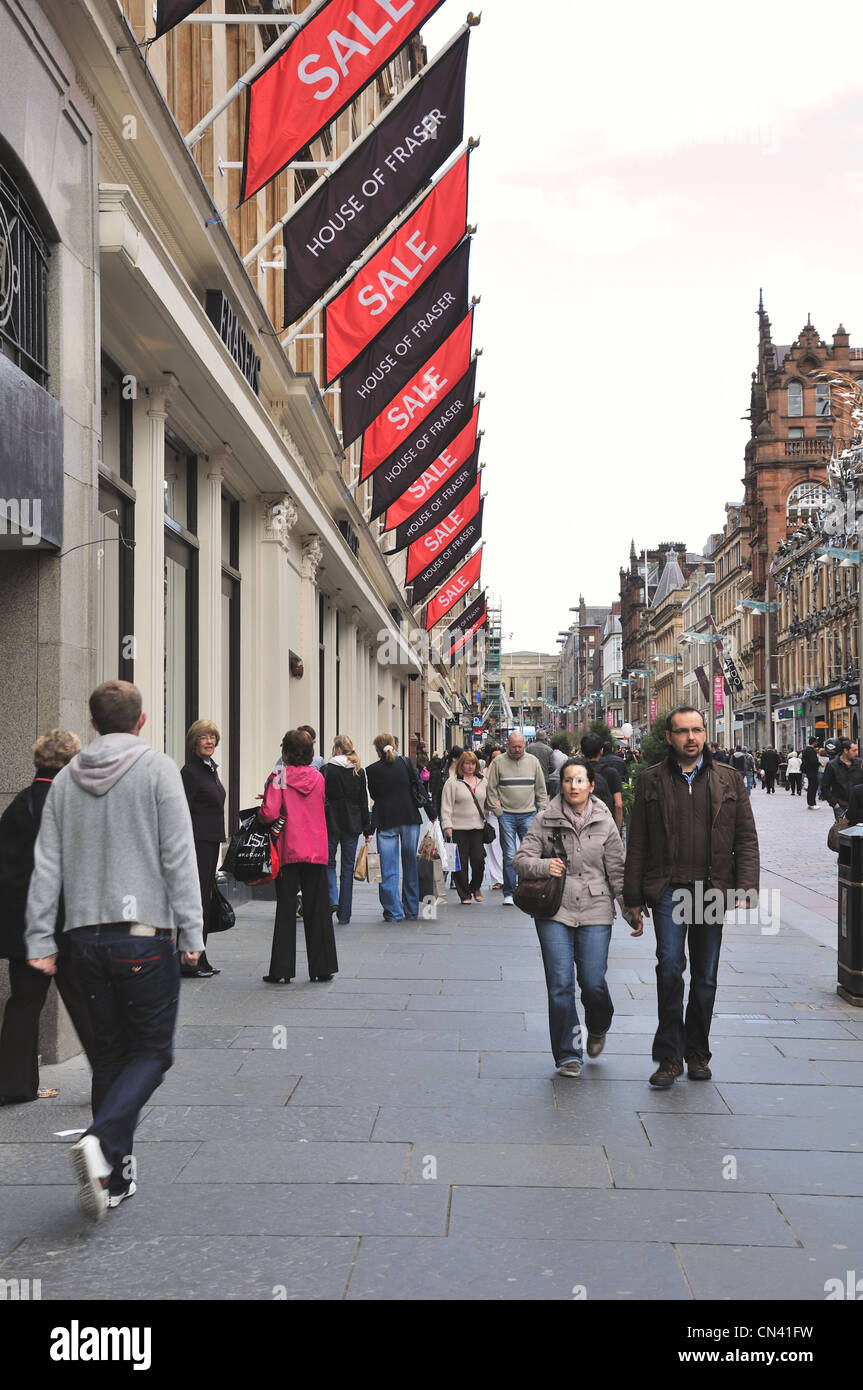 House of Fraser and sale flags adorn the store front in a busy Buchanan