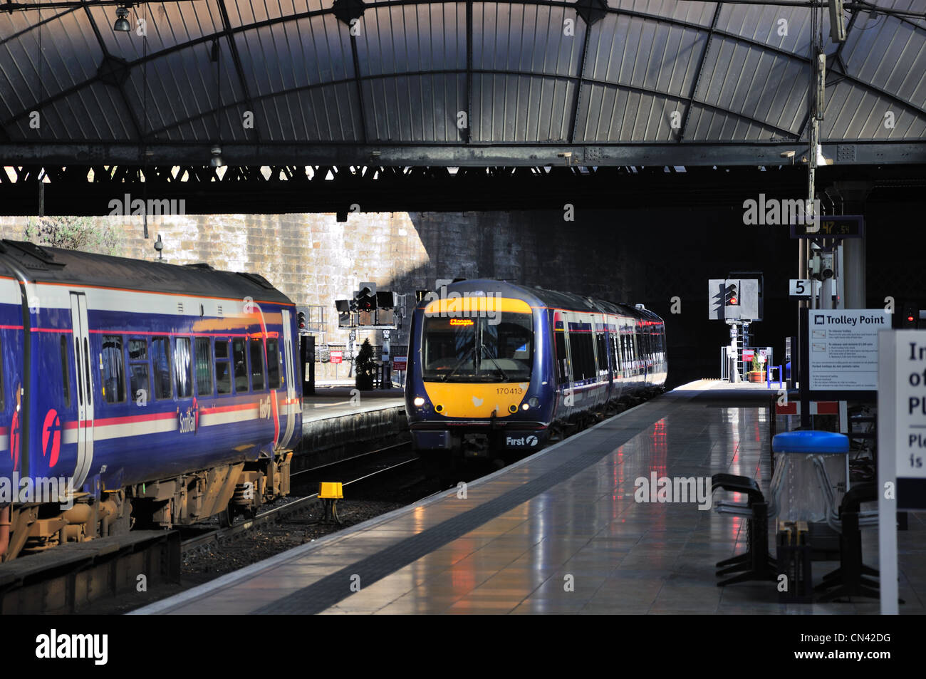 Firstgroup trains arriving and departing in Queen Street railway station in Glasgow, Scotland, UK Stock Photo