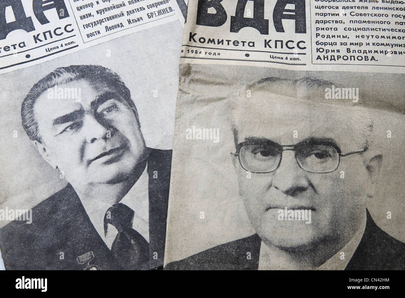 Two issues of newspapers Pravda 1982 and 1984 with mourning portraits of Brezhnev and Andropov Stock Photo