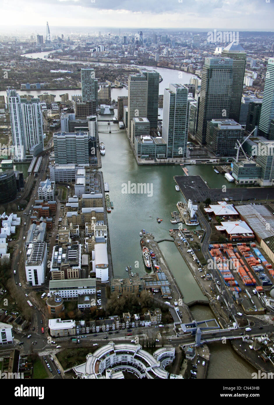 Aerial view of South Docks in London's Docklands, London E14 Stock Photo