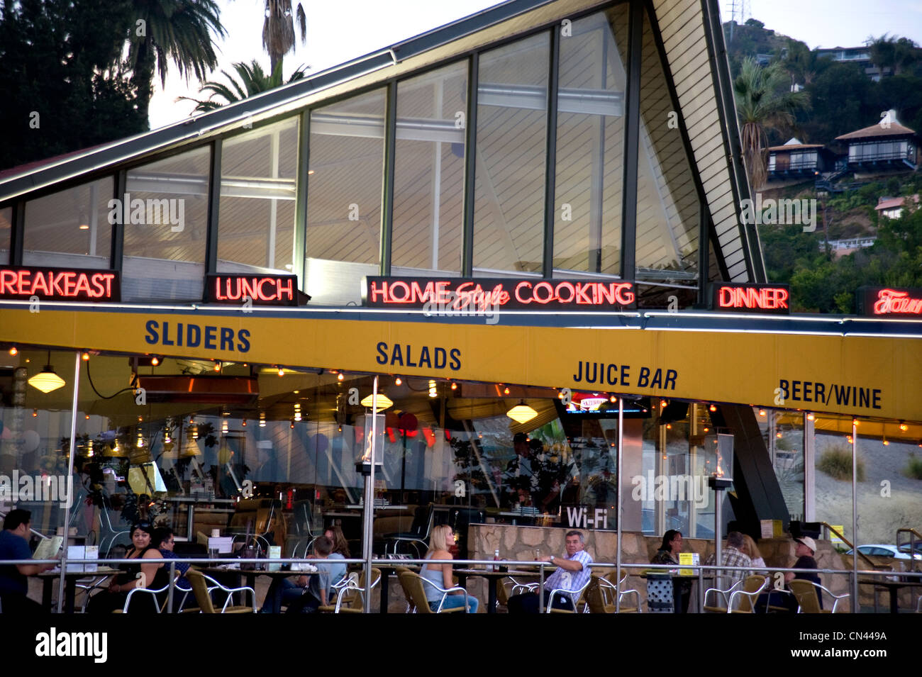 People dining on outdoor patio at Mel's restaurant on the Sunset Strip in Los Angeles, CA Stock Photo