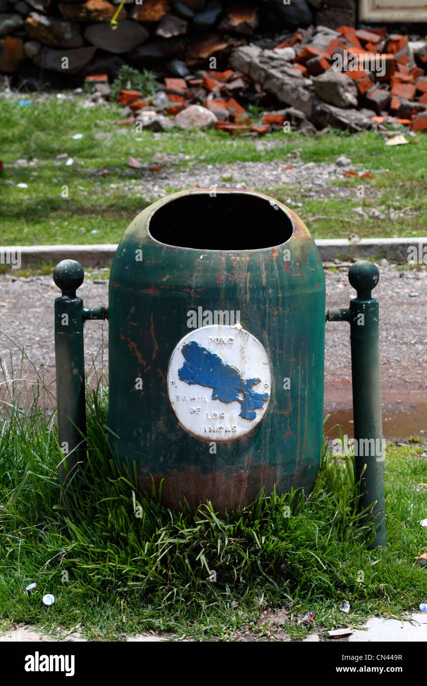 Rubbish bin with simple map / outline of Lake Titicaca painted on it, part of a campaign to keep the Lake clean and unpolluted, Puno, Peru Stock Photo