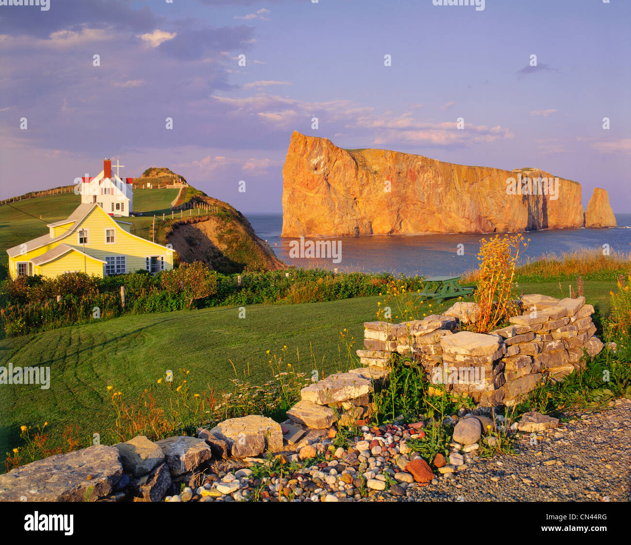 Houses and Perce Rock at Sunset, Gaspesie, Quebec Stock Photo Alamy