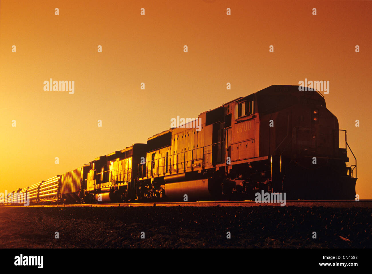 Train at Sunrise, near Winnipeg, Manitoba Stock Photo