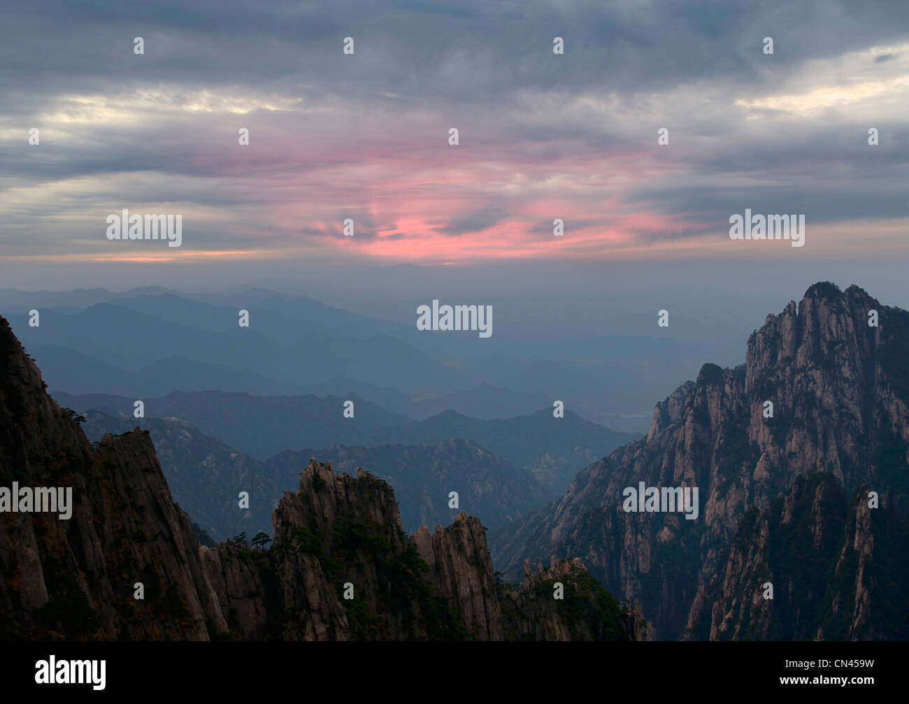Sunset at Stone Column Peak at the West Sea area Huangshan Yellow Mountain China Stock Photo