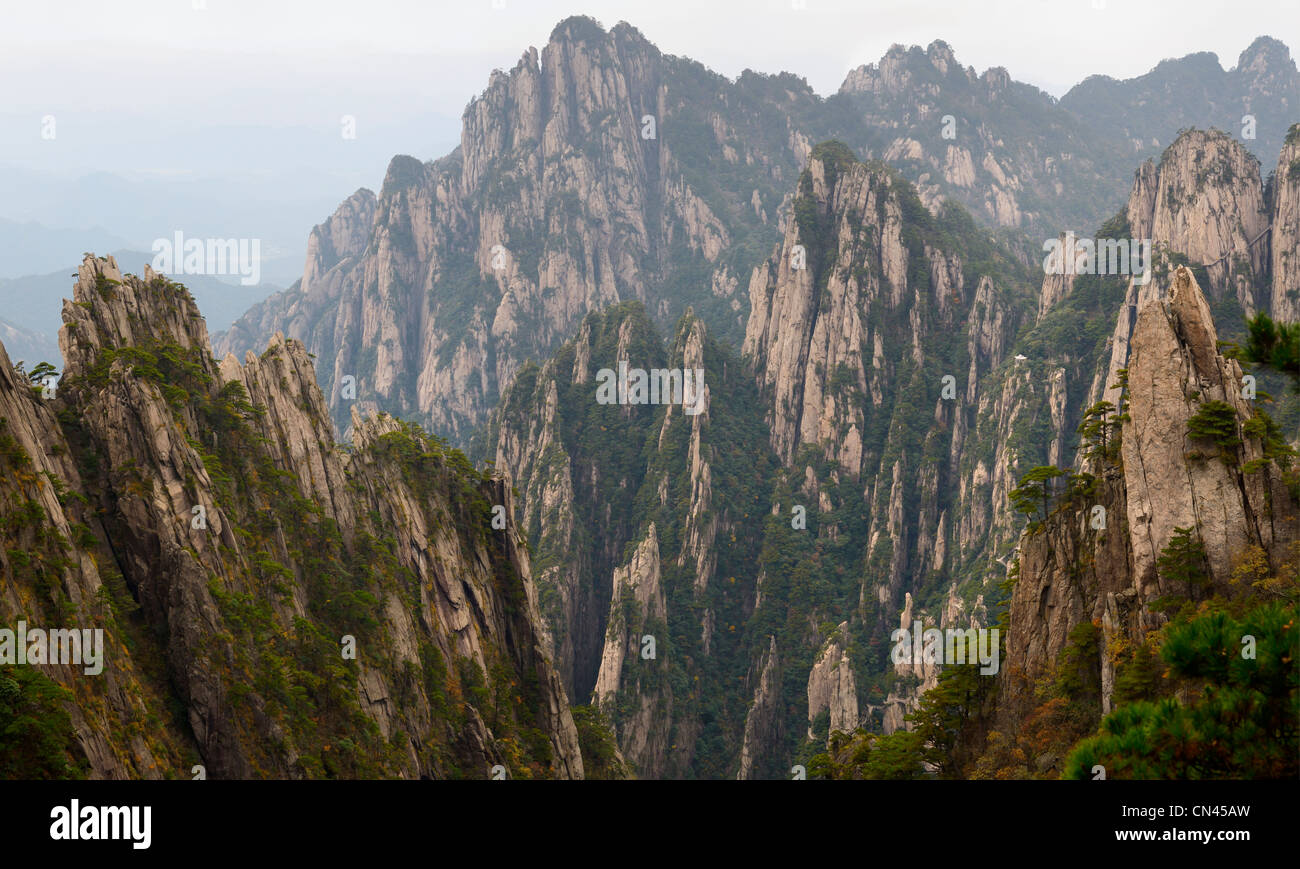 Stone Column and Songling Peaks at the West Sea area Huangshan Yellow Mountain China Stock Photo
