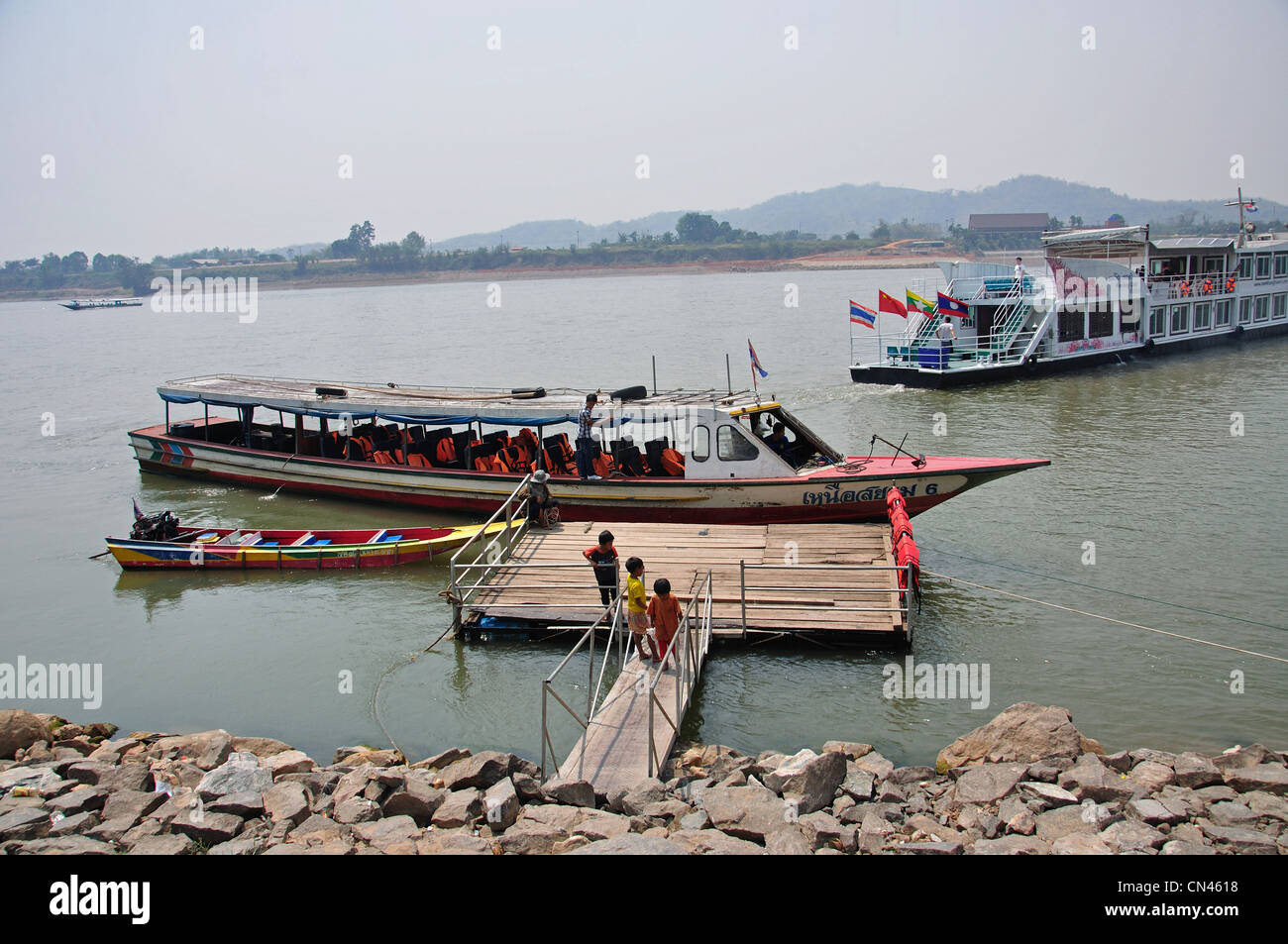 River ferry at landing, Don Sae, Pak Tha Region, Bokèo Province, Laos Stock Photo