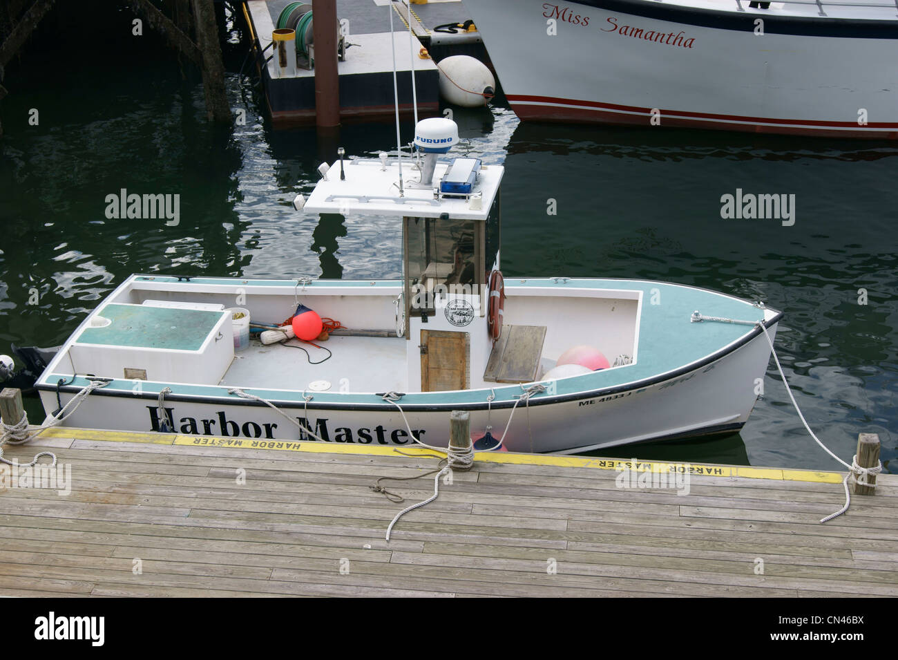 Harbor master boat at dock, Bar Harbor, Maine. Stock Photo