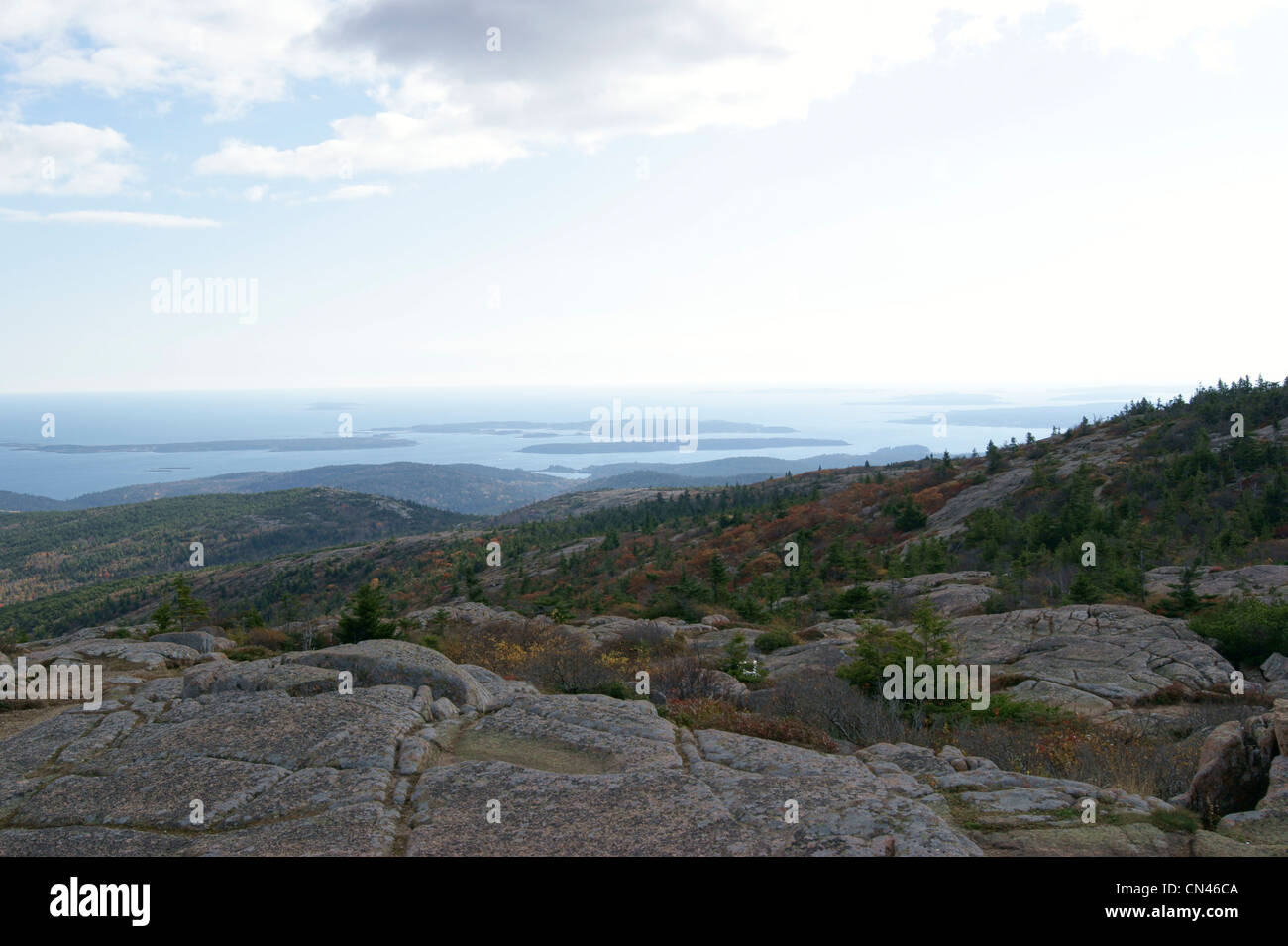 View from the top of Cadillac Mountain in Autumn, Acadia National Park, Mount Desert Island, Maine. Stock Photo
