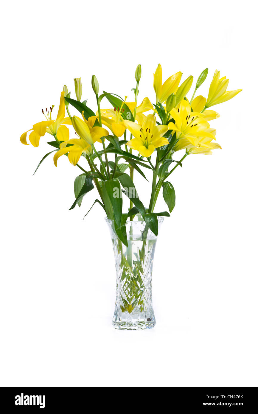 Crystal Vase full of Yellow Lilies Stock Photo Alamy