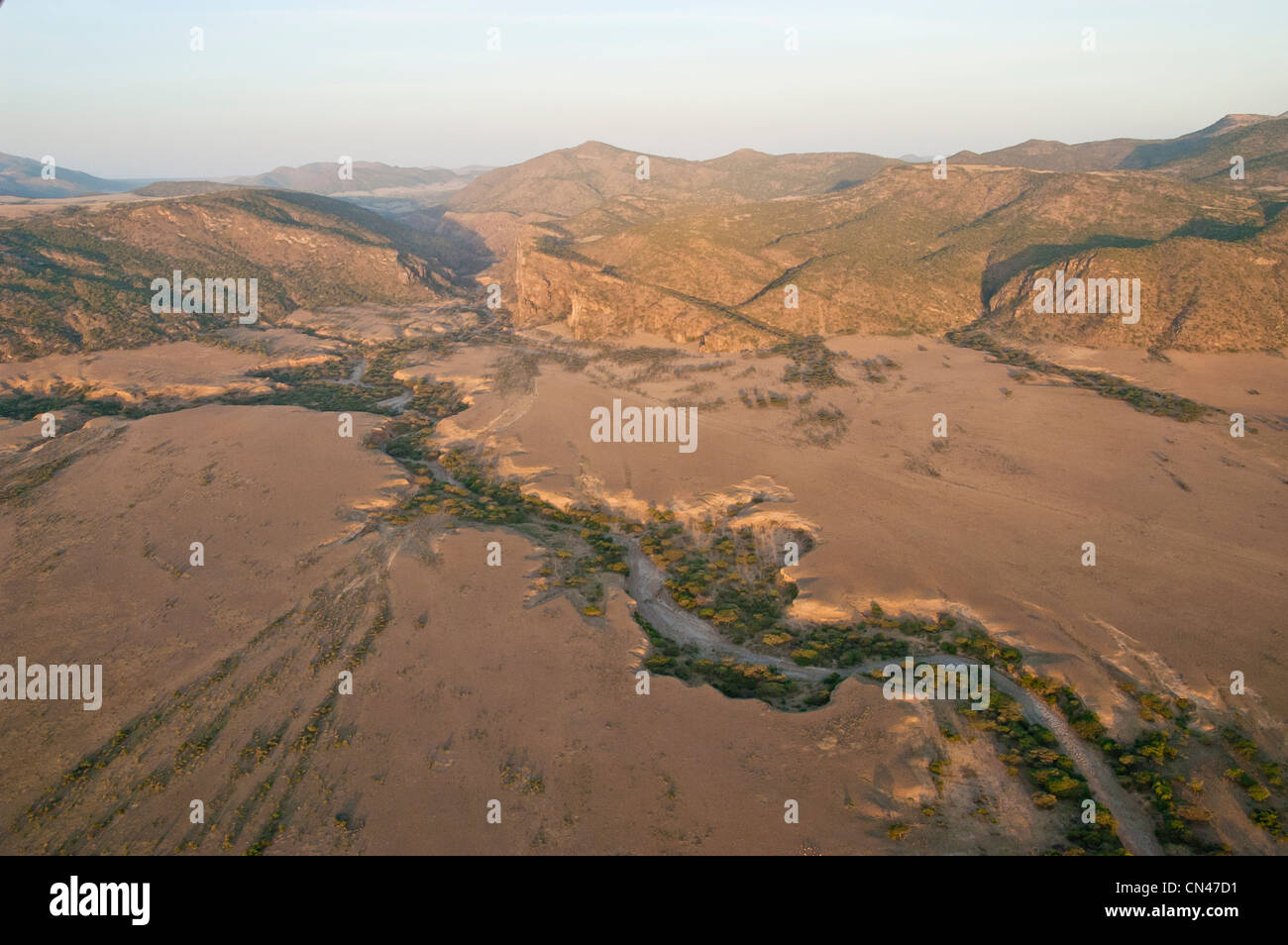 Ol Karien gorge and sand river, aerial view, Tanzania Stock Photo