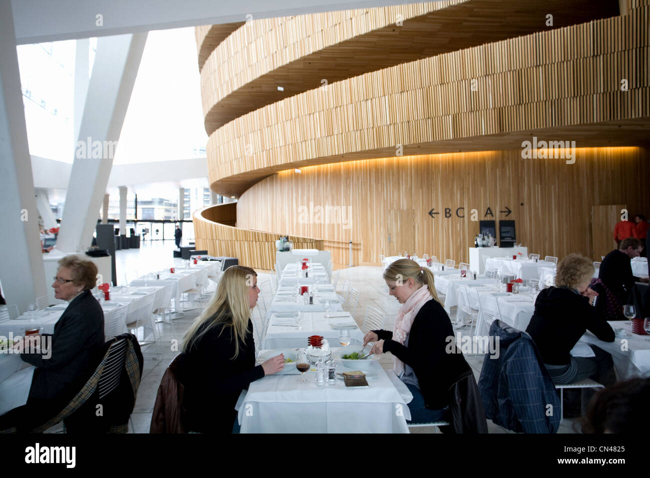 Norway, Oslo, two friends are eating at the restaurant of the new Opera house by Snohetta architects Stock Photo