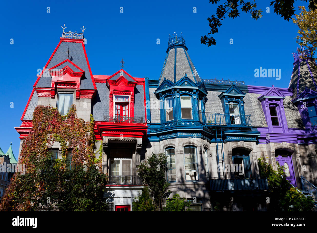 Canada, Quebec Province, Montreal, Plateau Mont Royal District, Saint Louis Square, Victorian facades Stock Photo