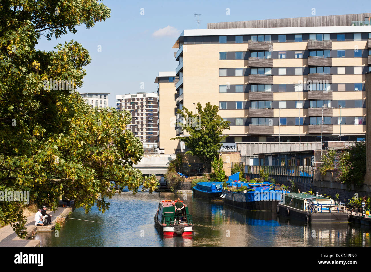 United Kingdom, London, Islington, fishing men and canal narrow boats