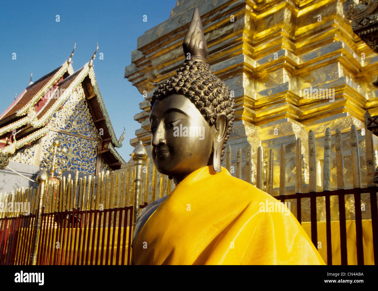 Buddha statue in front of Golden Mount, Wat Phra That Doi Suthep temple ...