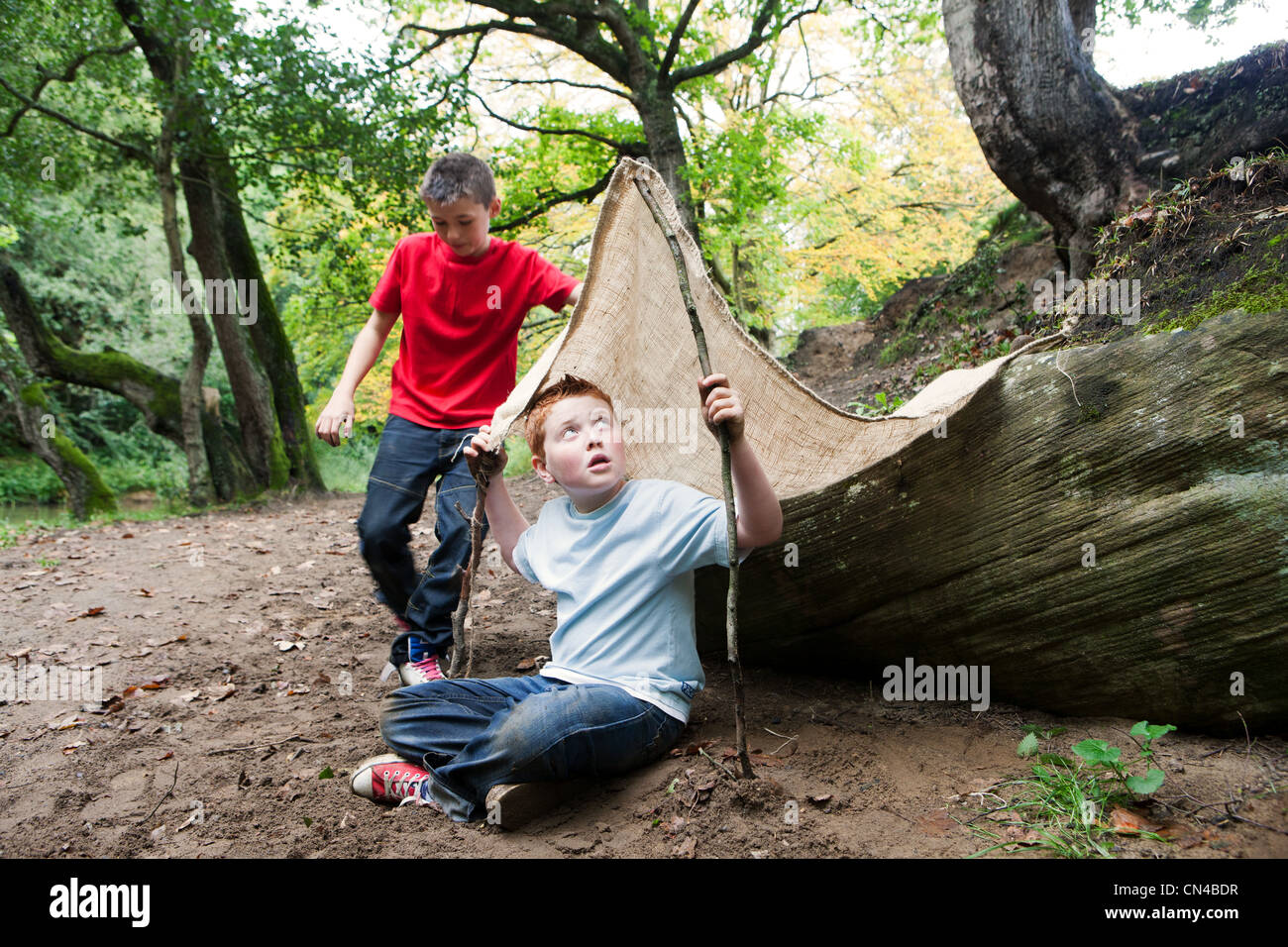 Boys with den in woodland Stock Photo
