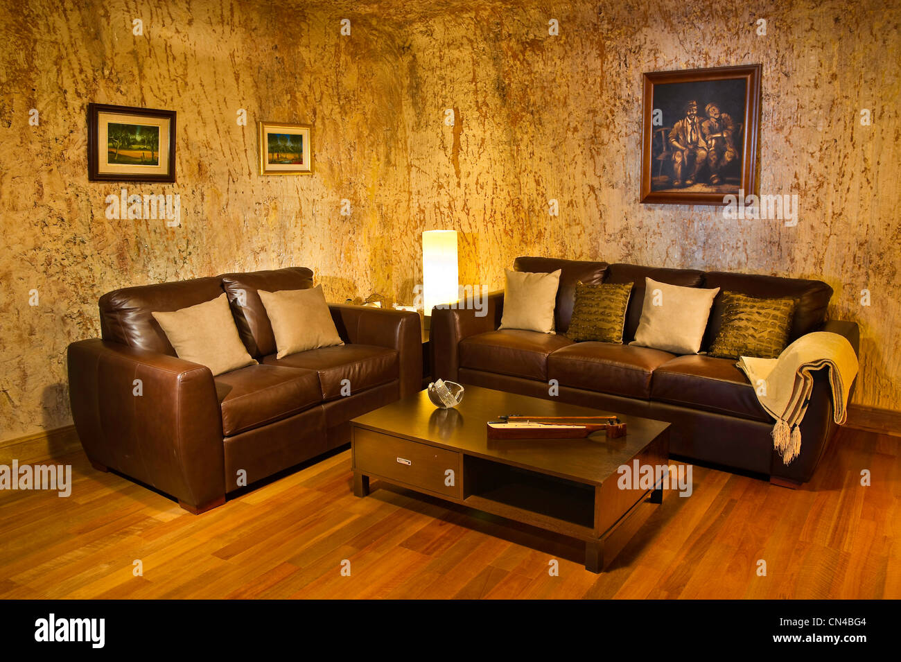 Australia, South Australia, Coober Pedy, living room of a private dug out, an underground house Stock Photo