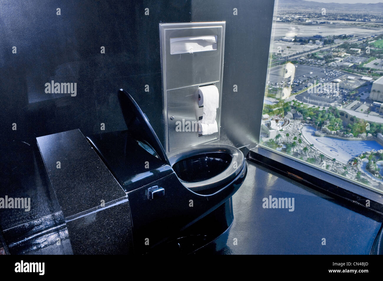United Statess, Nevada, Las Vegas, inside The Hotel casino hotel of MGM group hotels, view on city airport from the restroom Stock Photo